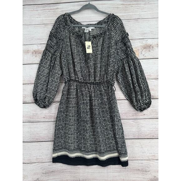 Max Studio 1/4 Snap Smocked Puff Sleeve Dress Women's Size Large Black/White NEW - Picture 1 of 14